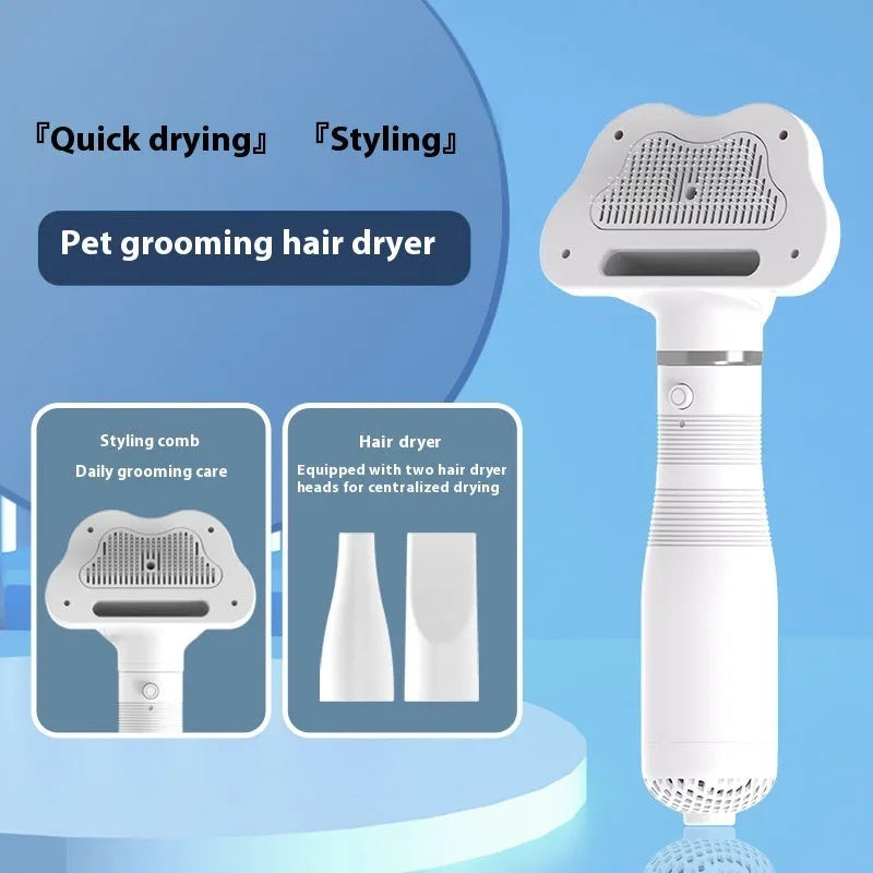 Two-in-one pet hot air hair dryer and comb in pink or white, 600W, ABS body, with one-click hair removal