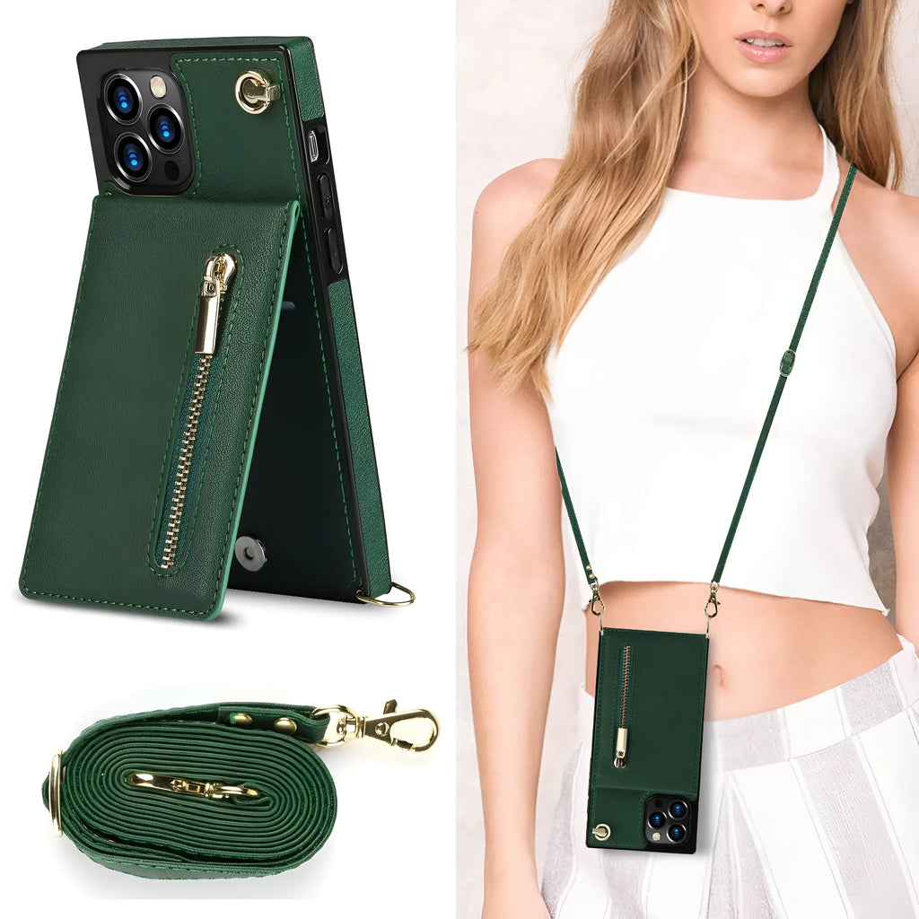 Black leather and TPU protective phone case for Samsung Galaxy or Apple iPhone models.
