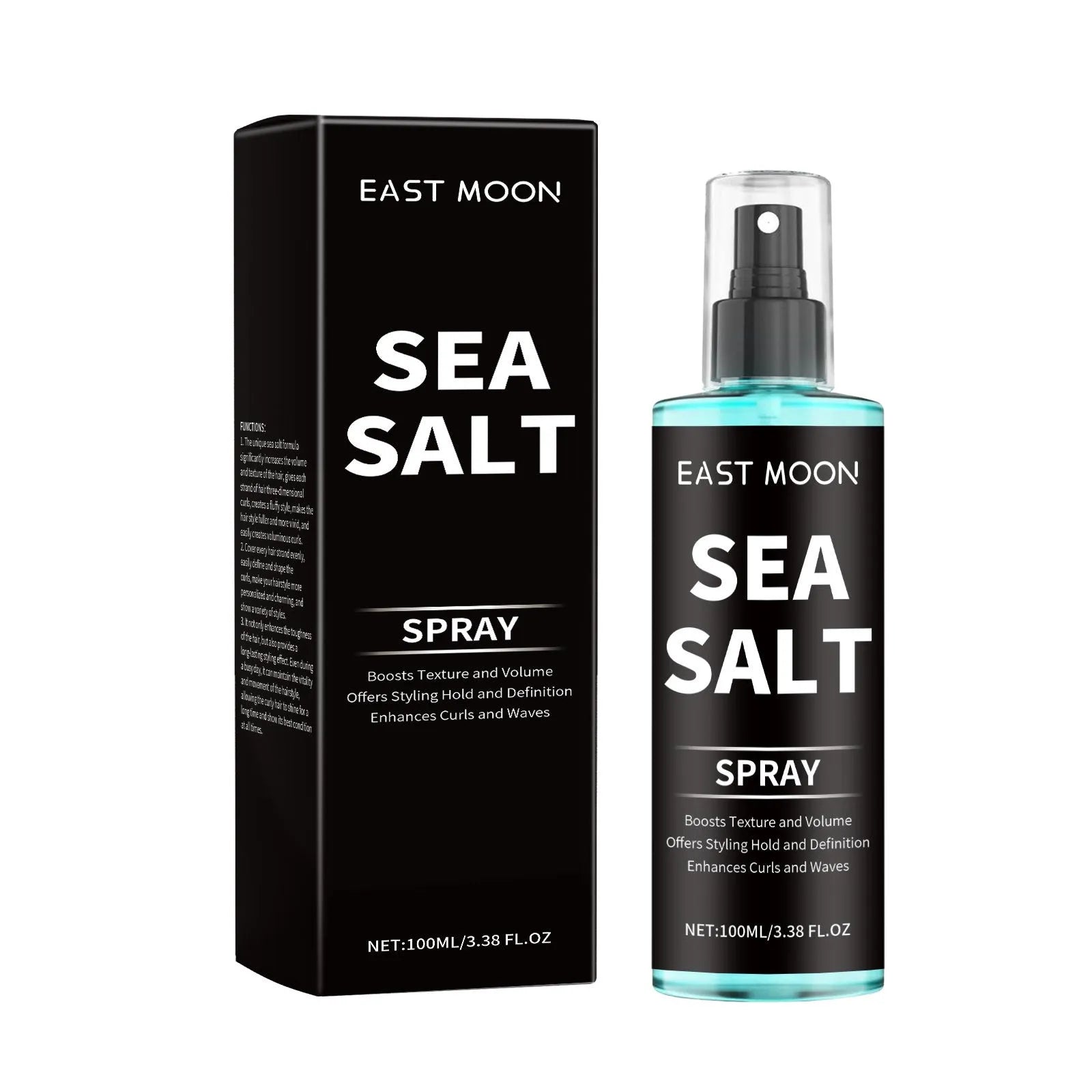 Sea salt curly hair spray in a 100ml bottle for shaping elasticity and volume, dimensions 3.8 x 3.8 x 14.8cm.