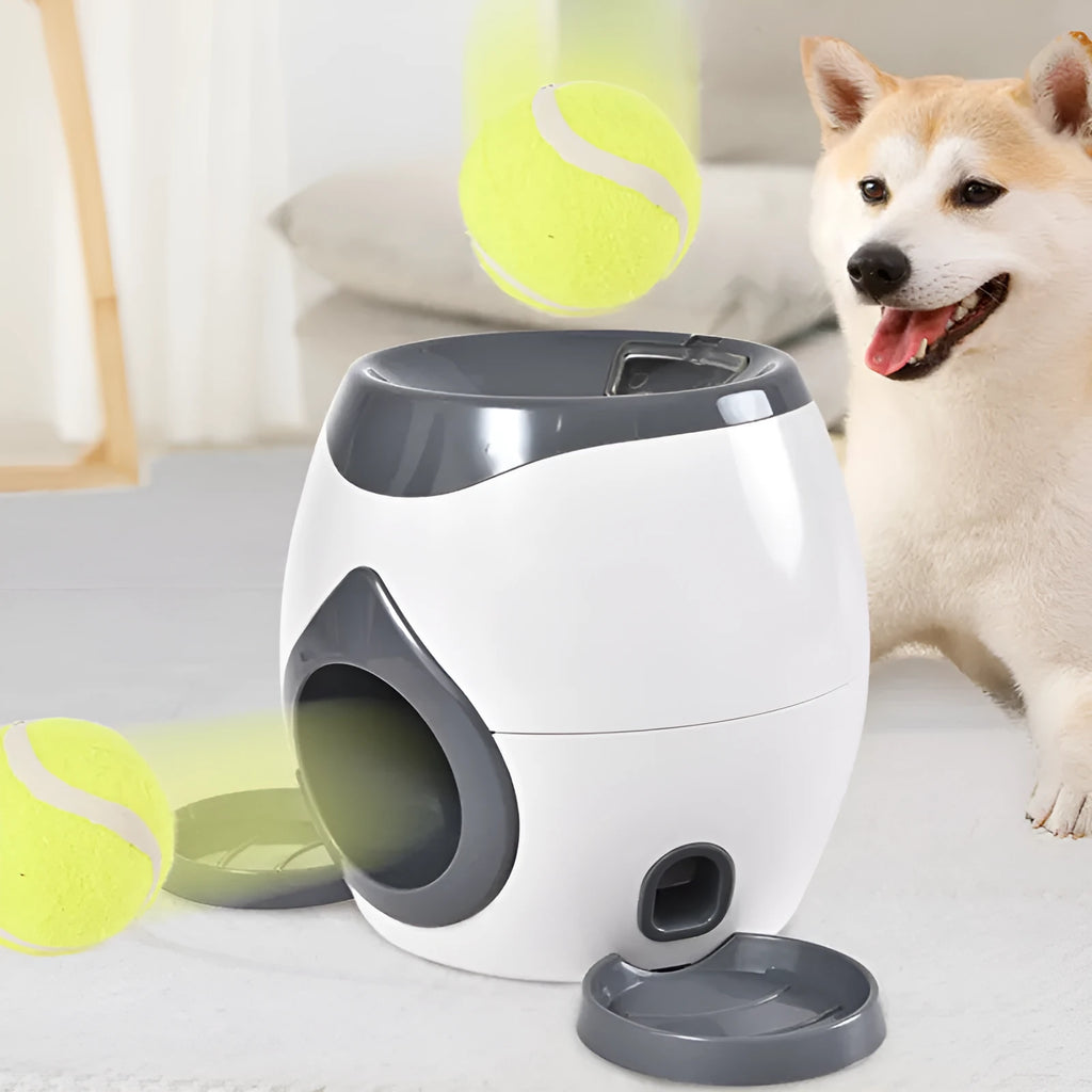 Smart pet feeder tennis ball reward machine in ABS, approx. 300 x 180 x 200mm, with 6cm balls and 8cm food tray