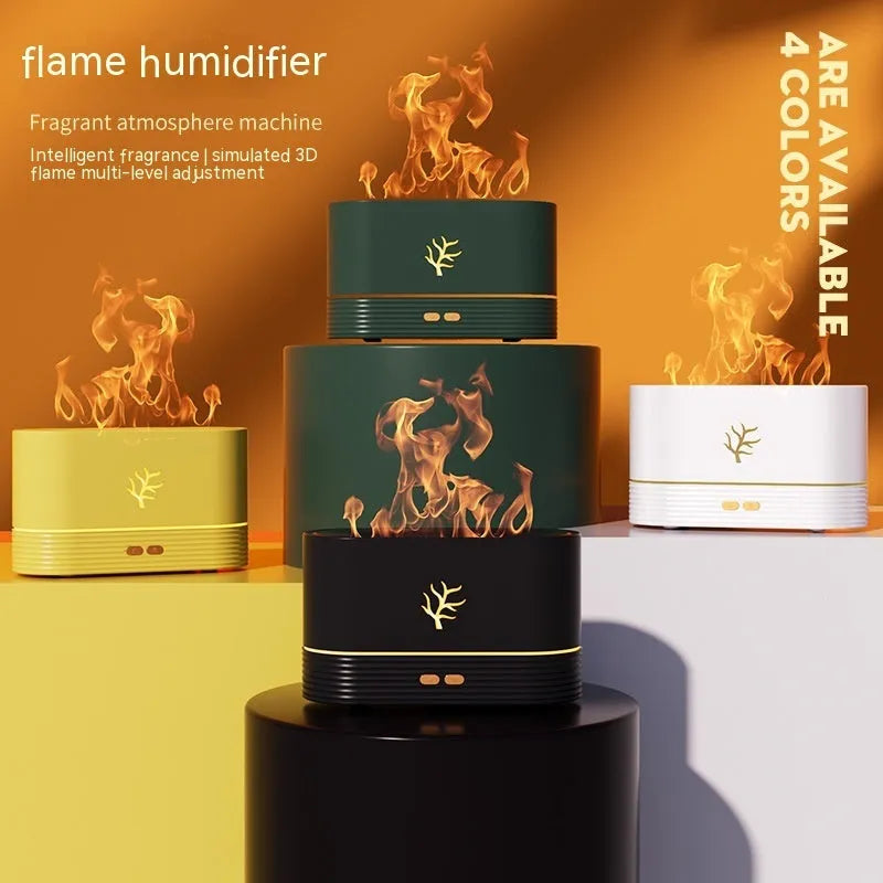 Square black or white USB flame humidifier with LED fire simulation effects and aromatherapy function