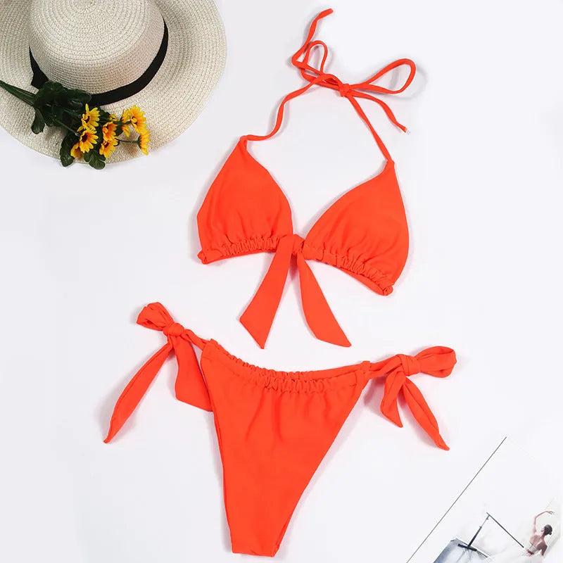 Women's split bikini with halter neck tie, open back, chest pad, and quick-drying polyester in eight colours.