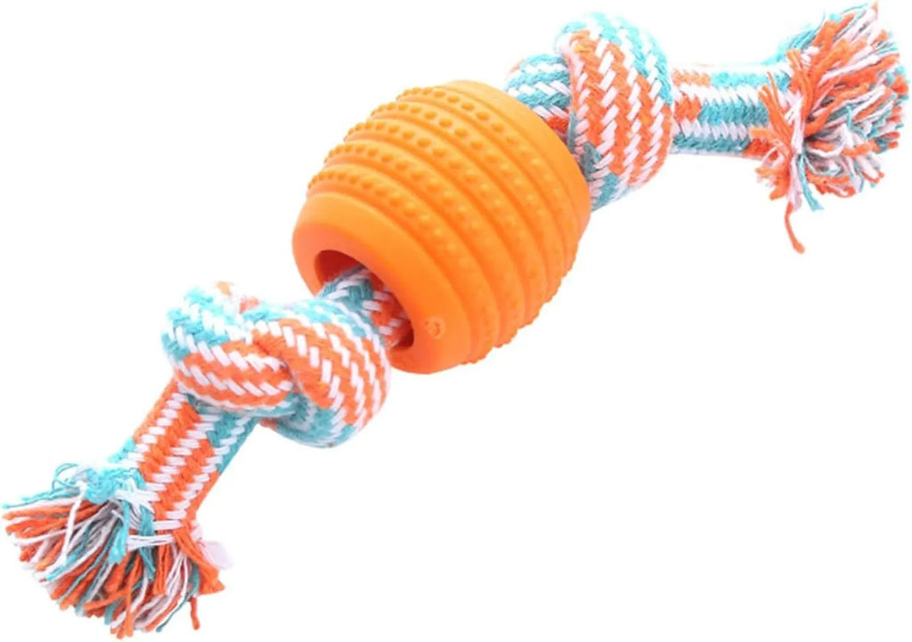 Blue molar-shaped nylon dog chew toy with green rope arms on a white background