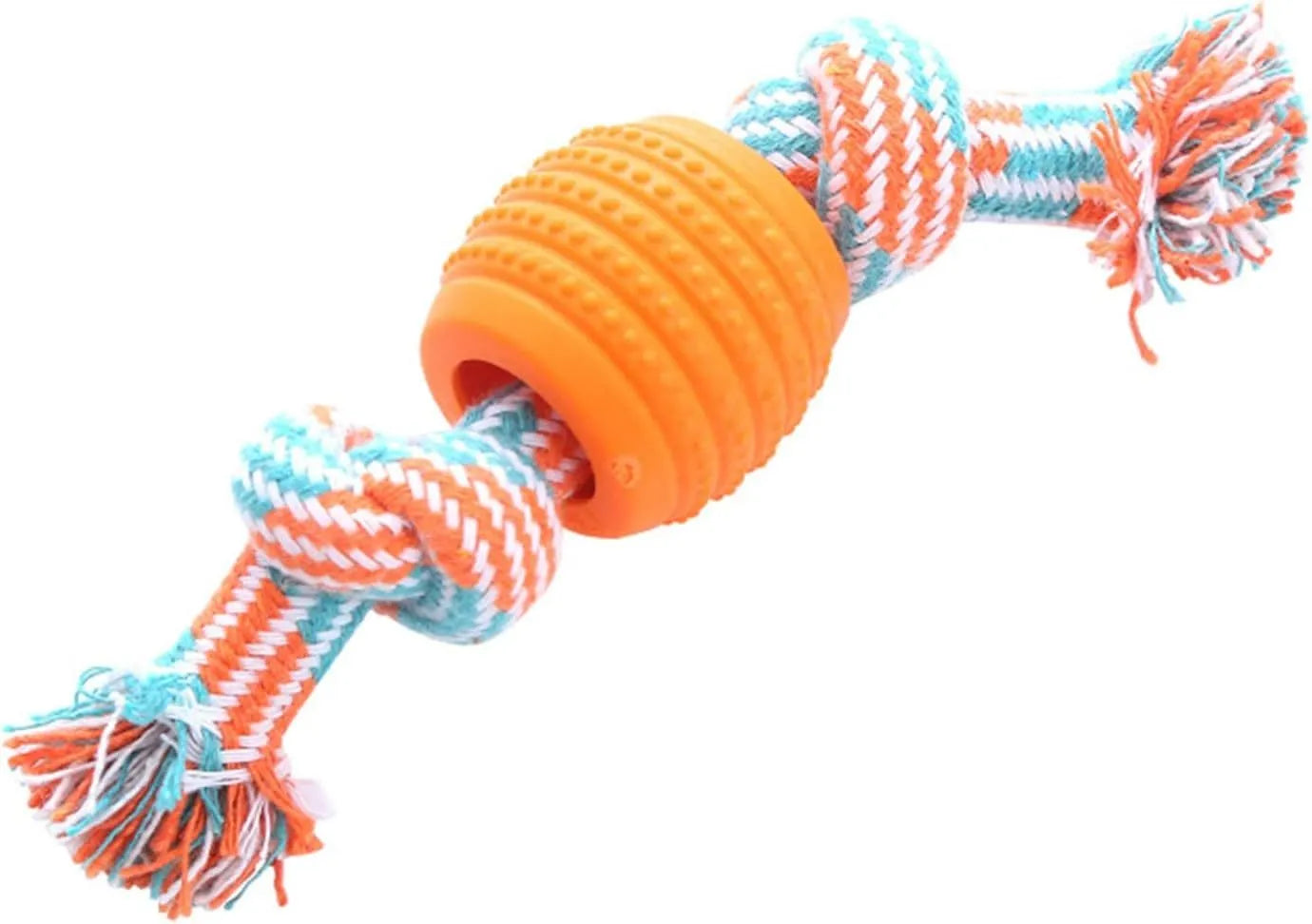 Blue molar-shaped nylon dog chew toy with green rope arms on a white background