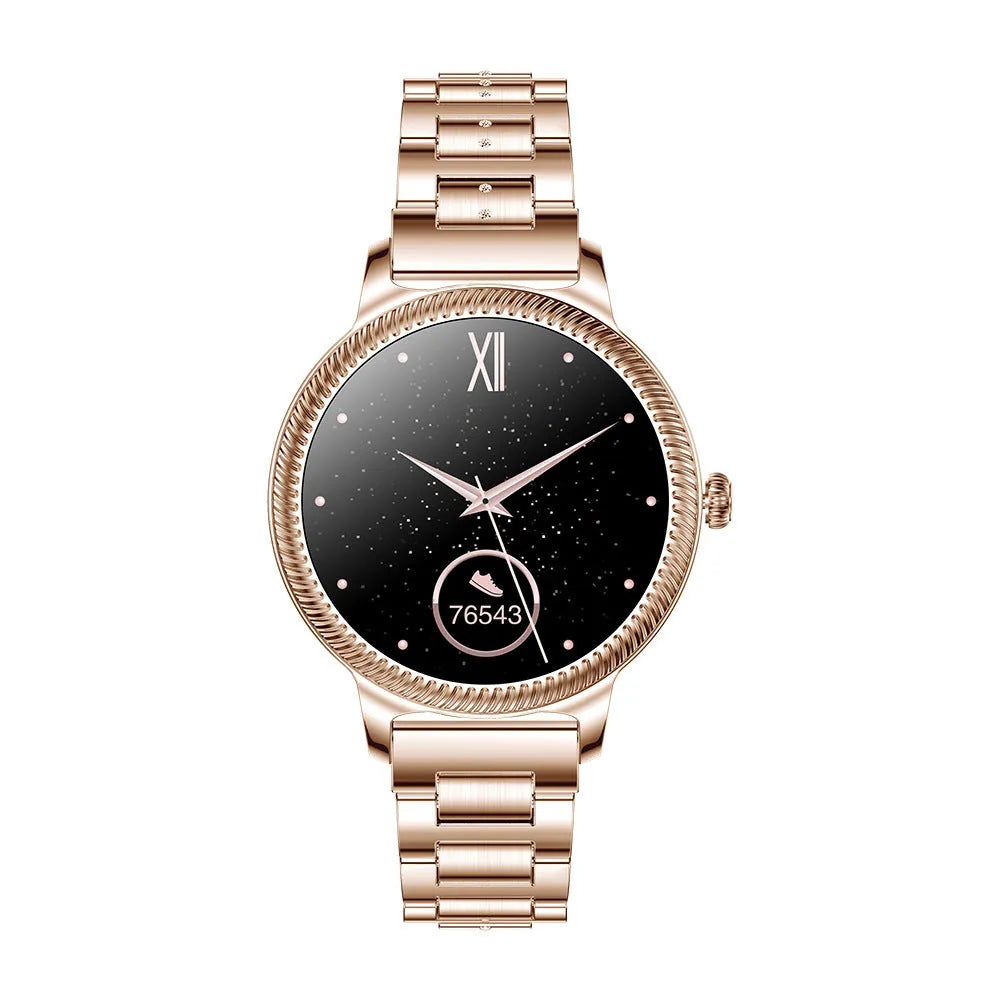 AK38 ladies smart watch with stainless steel band on a wrist, showing its 1.09-inch screen.