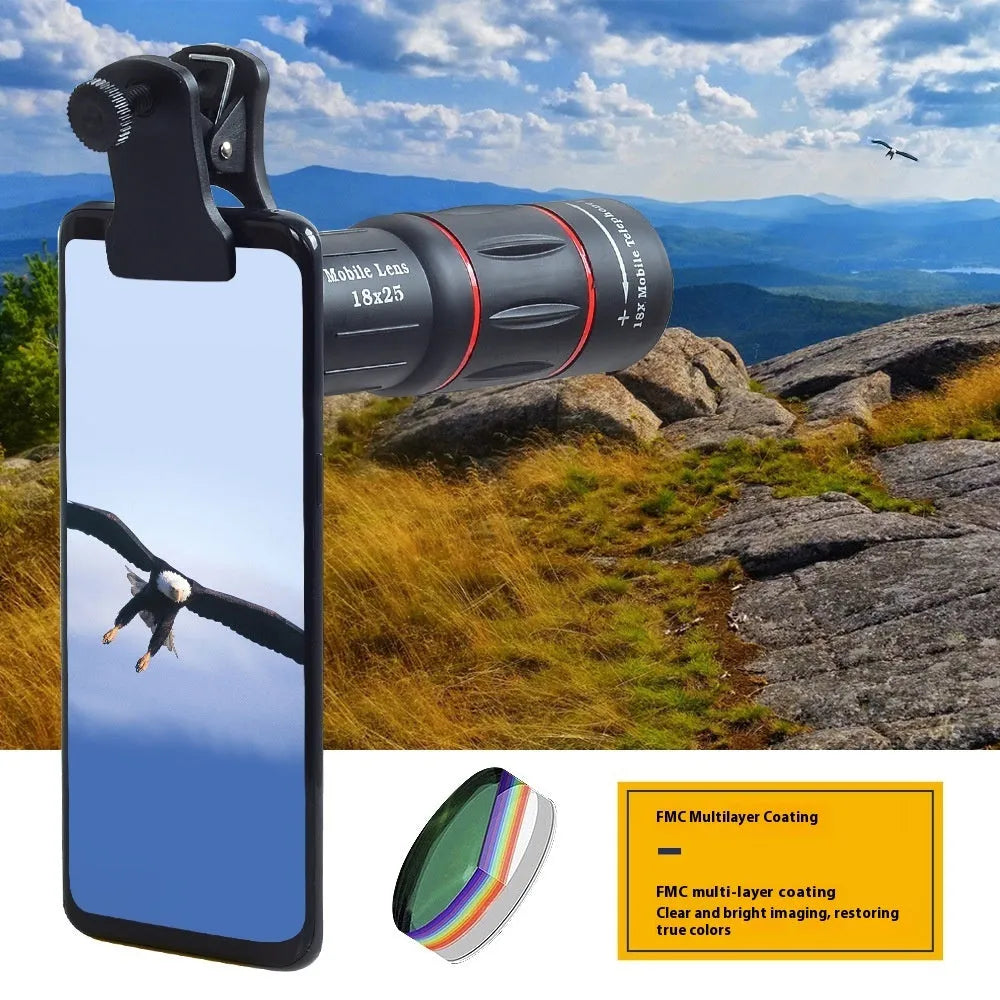 18x universal external telephoto lens for mobile phones with clip-on fitting and optional handheld bracket