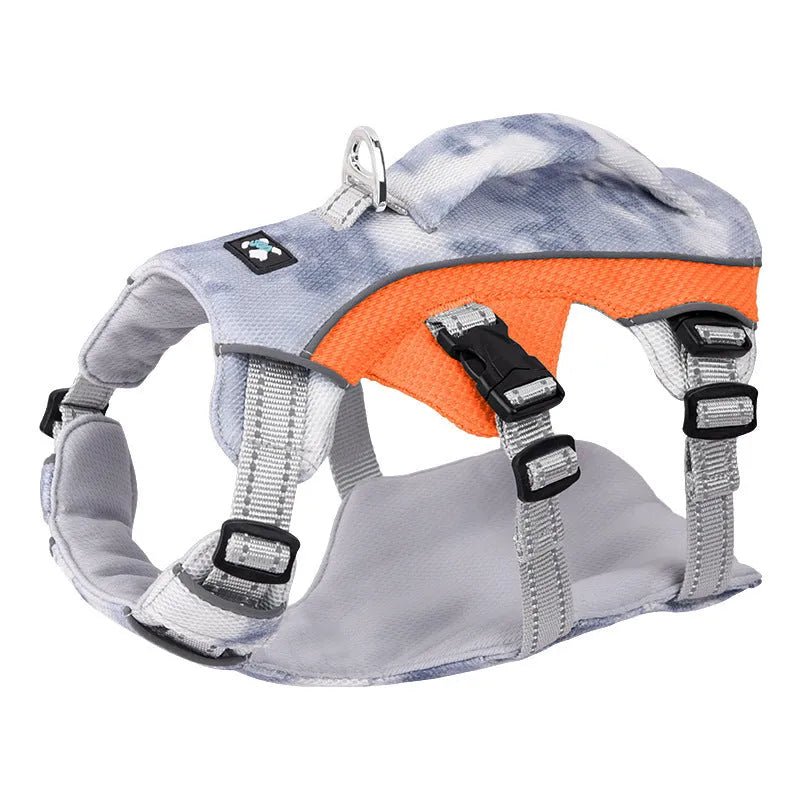 Reflective polyester chest strap for pet cooling clothes in multiple sizes and colours.