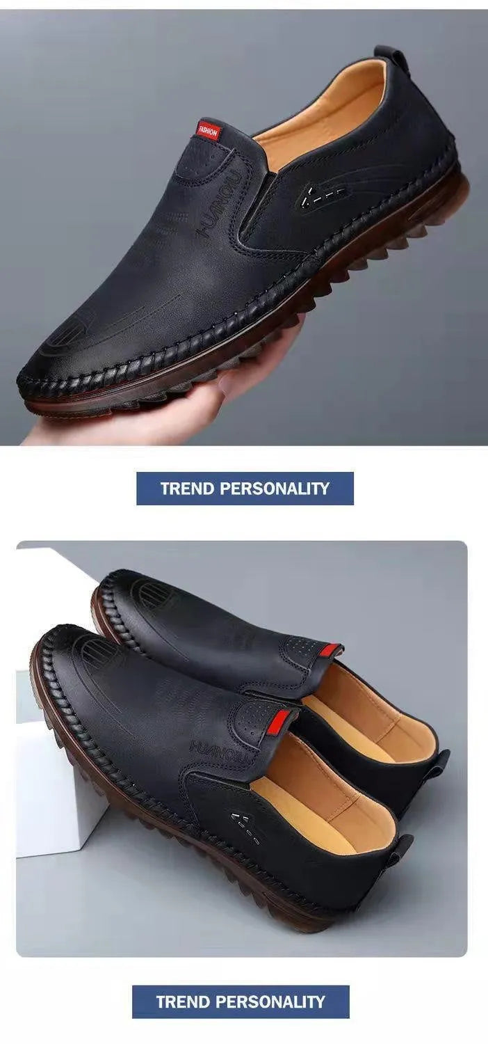 Men's casual soft leather shoes with PU upper, low wedge heel, in black colour