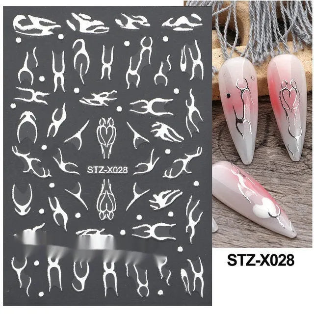 Cartoon-themed nail art sticker sheet with black and silver strip patterns and love motifs