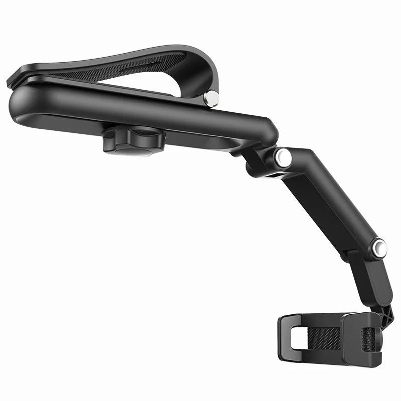 Black and green car phone holder with clip mount on a car dashboard
