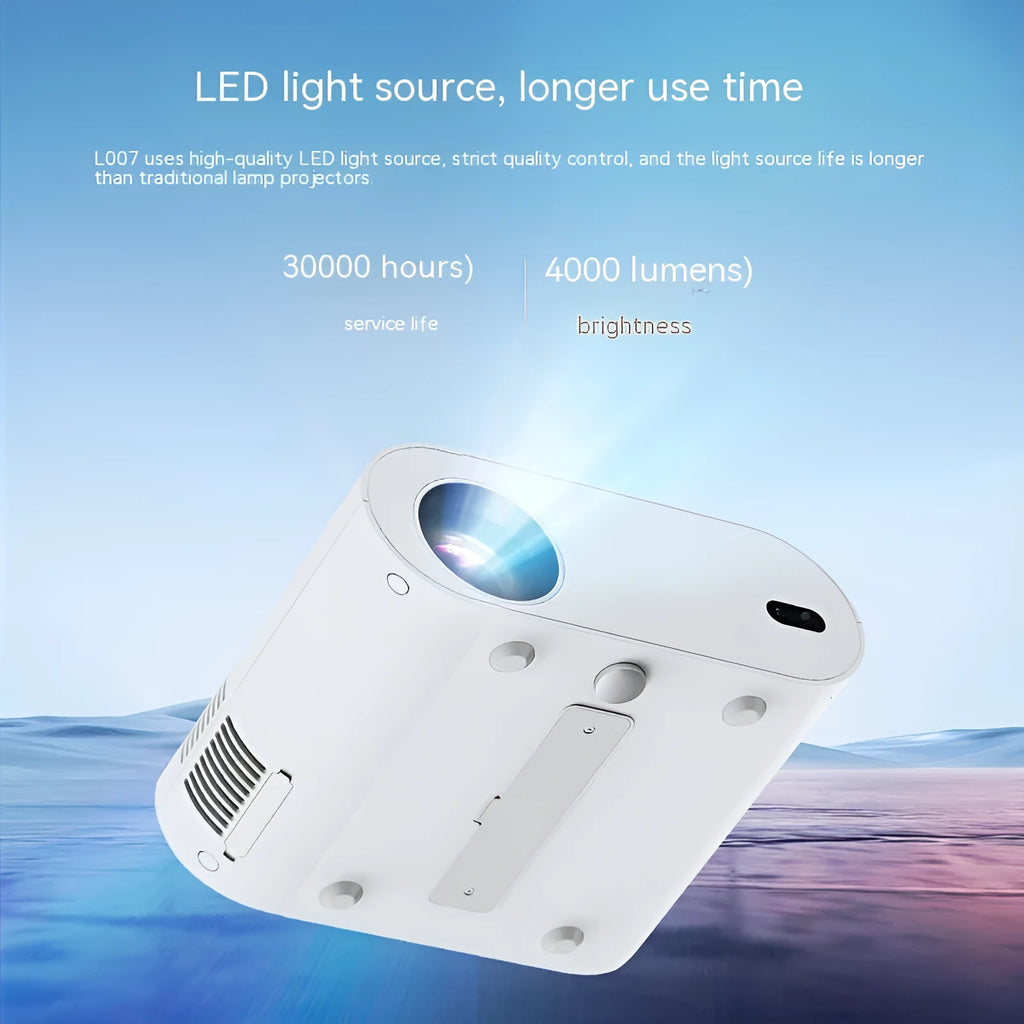 White Full HD smart projector with remote control showing 1080p resolution and Android system