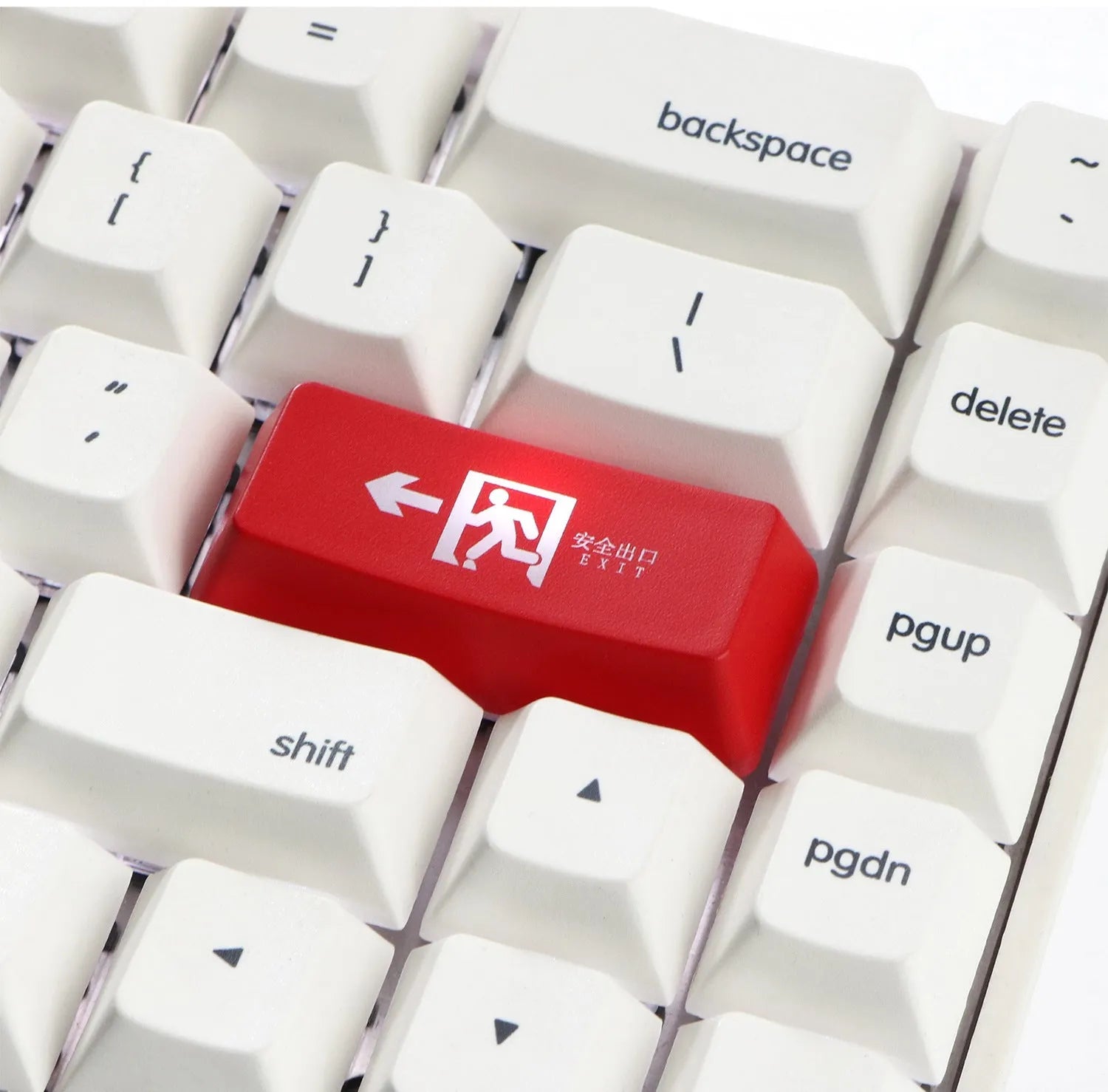 Red safety evacuation exit mechanical keyboard keycap with transparent construction