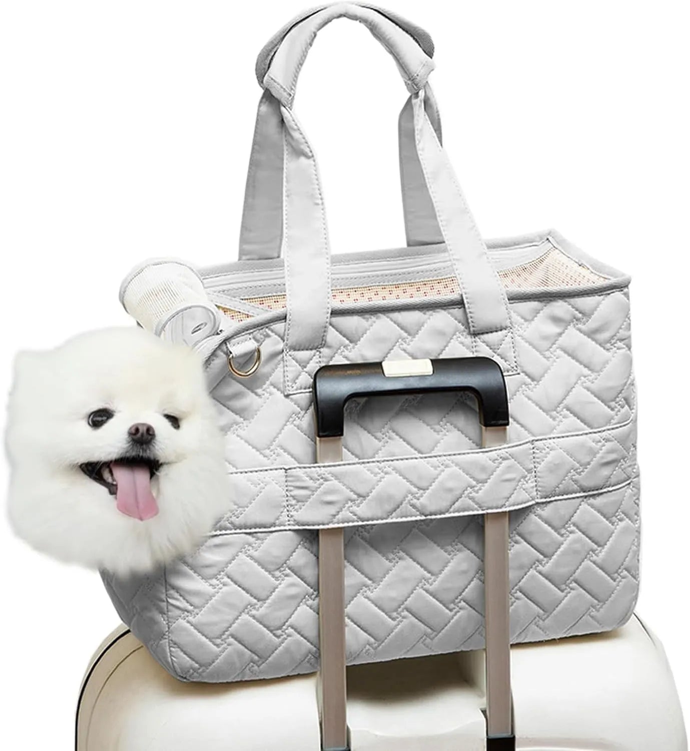 Grey pet carrier handbag with breathable mesh panels and multiple pockets for cat or small dog transport