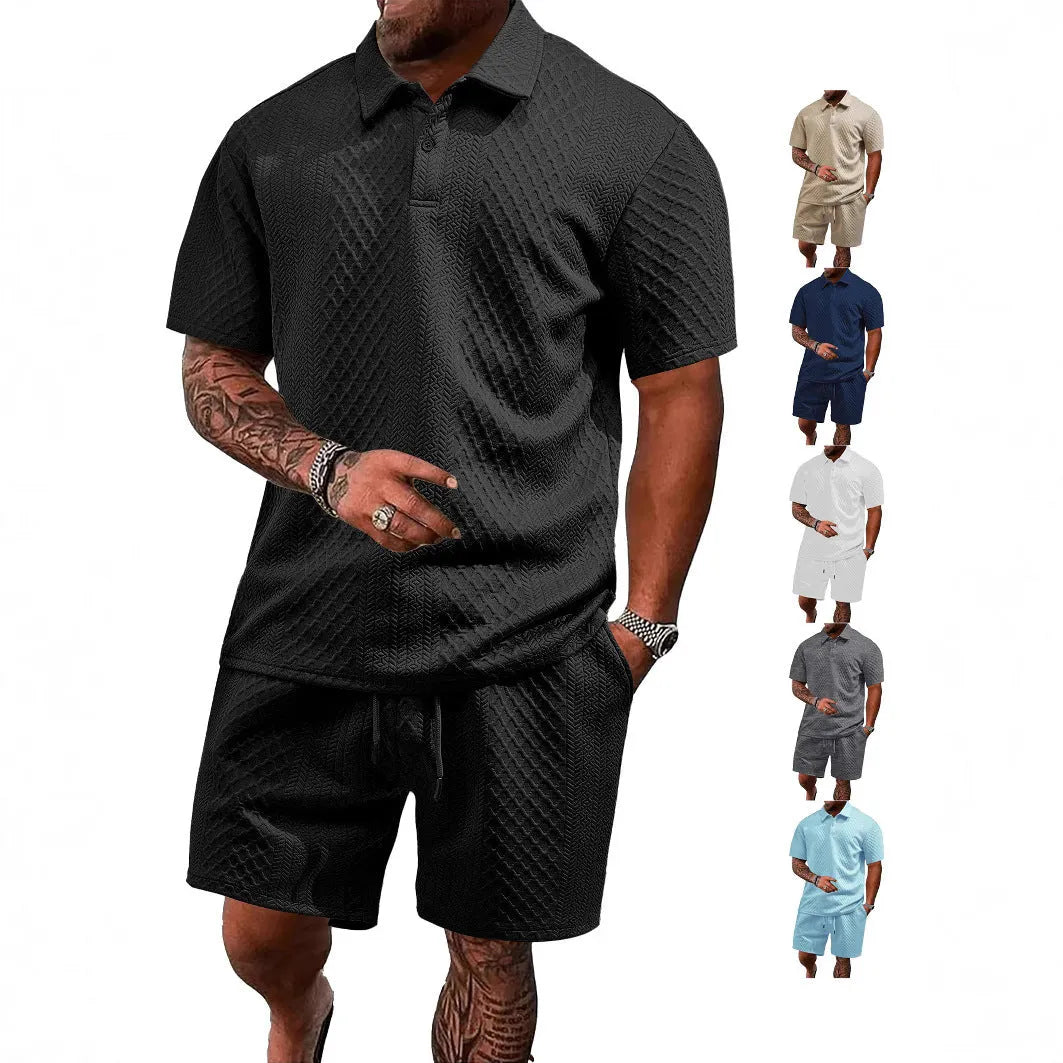 Men's patterned short sleeve polo suit set in a choice of colours including black, navy, and wine red.