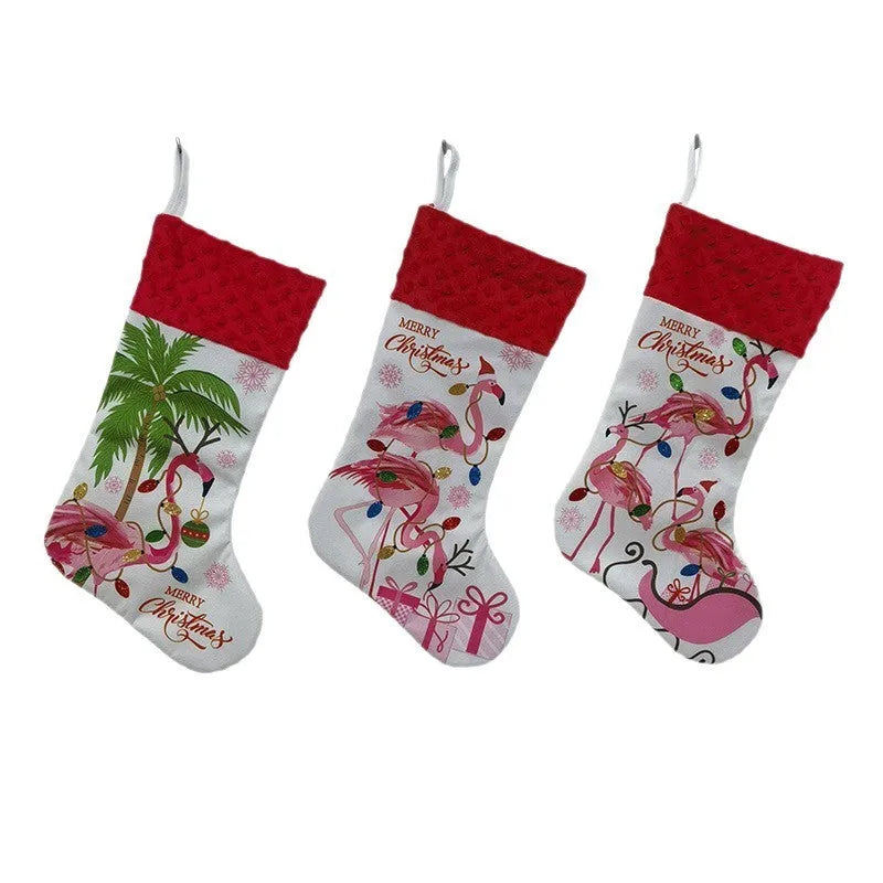 Large red flamingo-themed cloth Christmas stocking hanging for decoration