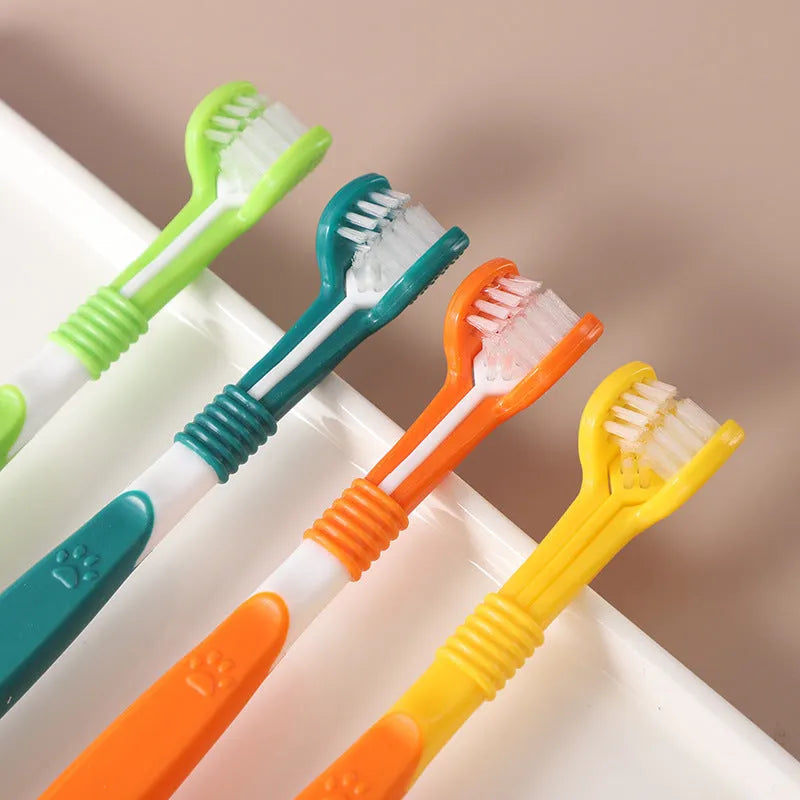 Six coloured pet toothbrushes with plastic handles and nylon bristles for dog and cat dental care