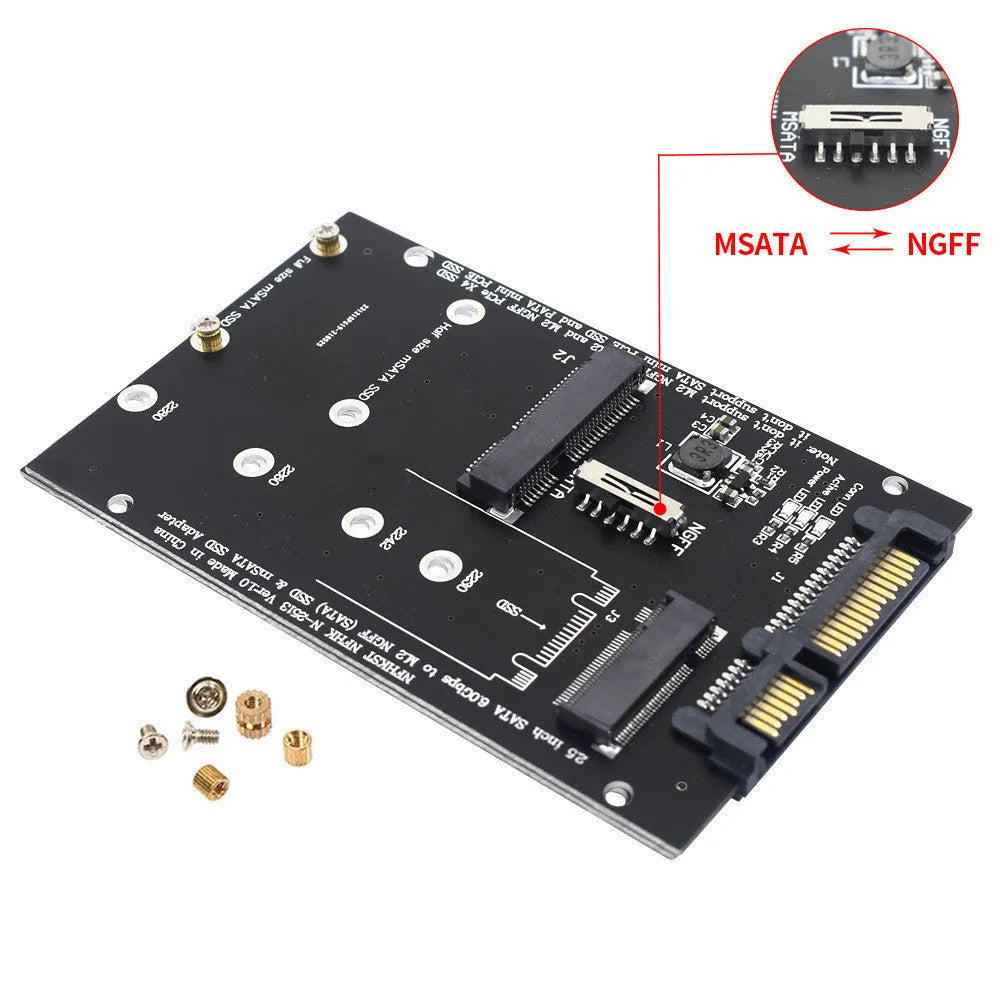 SATA3 to M.2 NGFF mSATA SSD adapter conversion card on blue background.