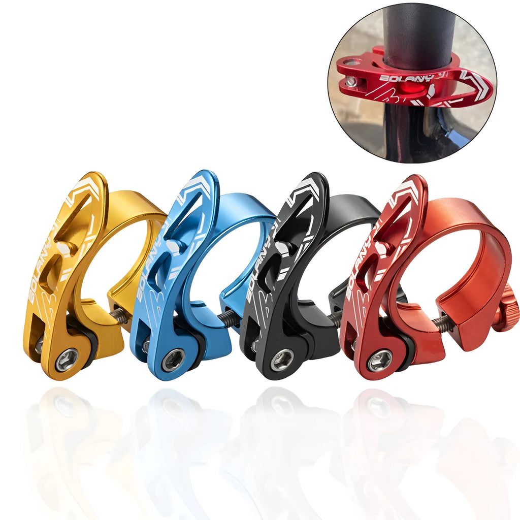 Aluminium bicycle seat post clamp in black, blue, gold, or red colour for 31.8mm or 34.9mm seat tubes