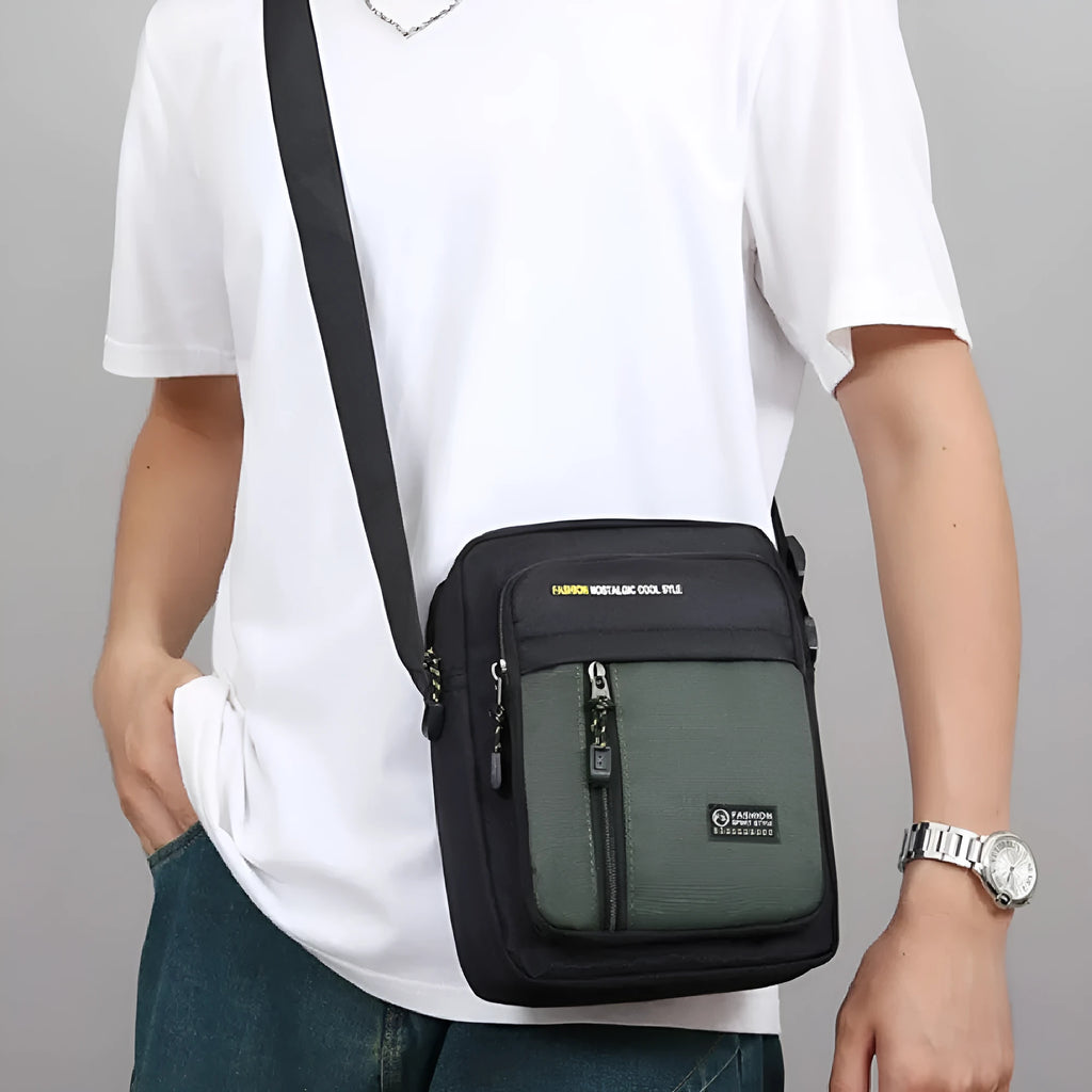 Men's casual green nylon one-shoulder messenger bag with crossbody strap