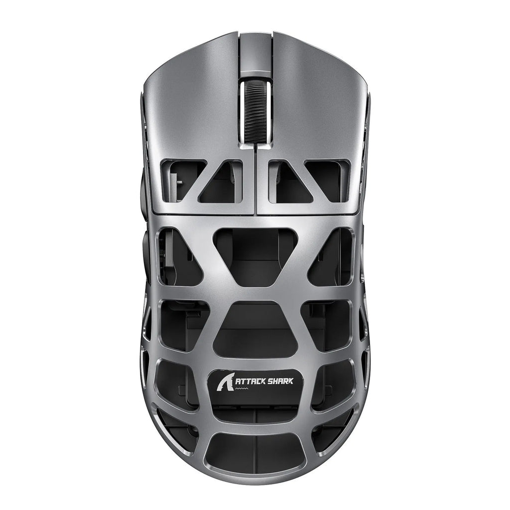 Attack Shark R3 magnesium alloy 8K wireless gaming mouse in white, showing top view with three touch buttons and compact 119.5x61x36mm size