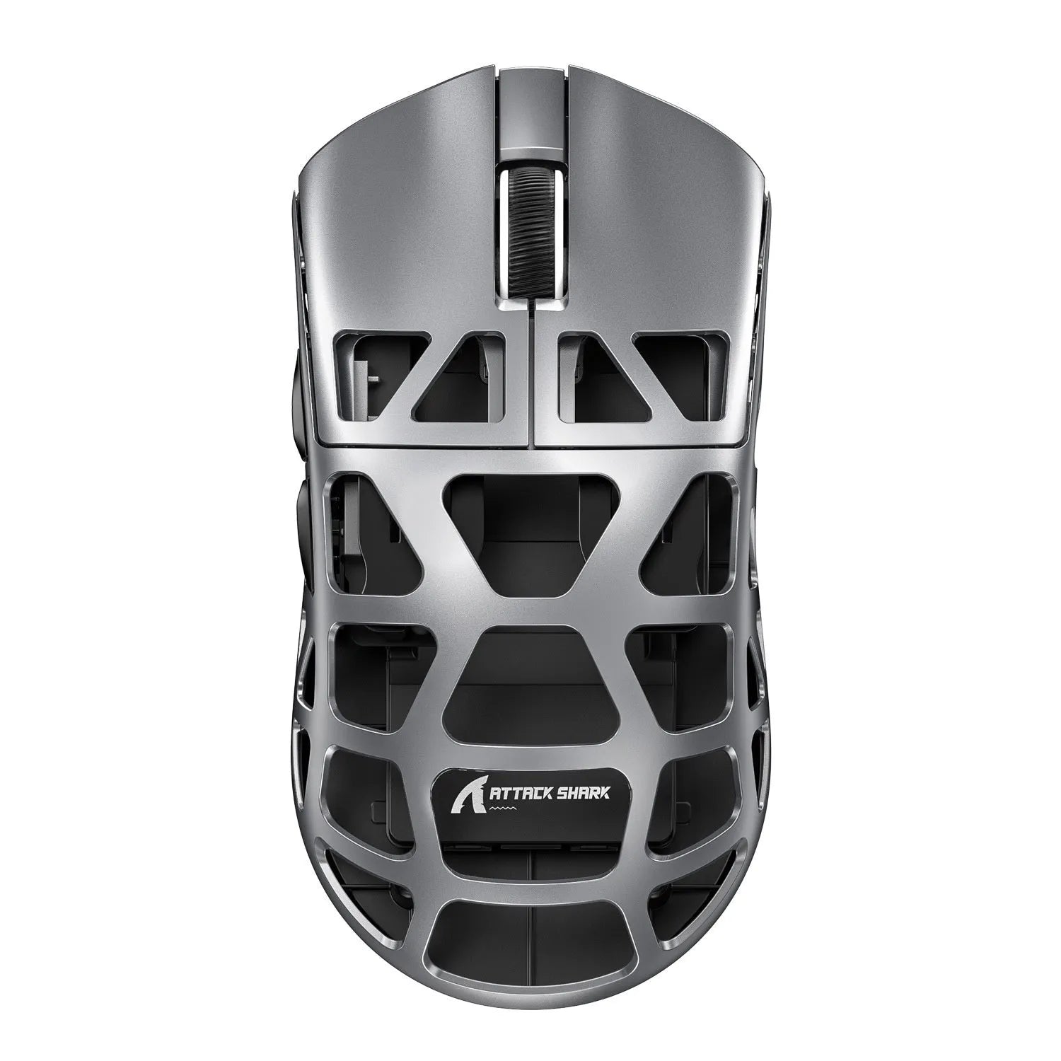 Attack Shark R3 magnesium alloy 8K wireless gaming mouse in white, showing top view with three touch buttons and compact 119.5x61x36mm size