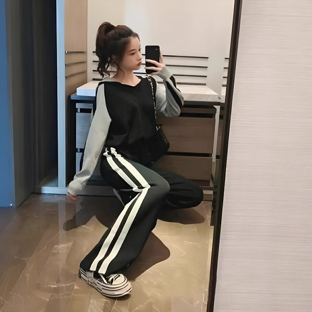 V-neck hooded sweater and loose wide leg pants sports suit for women in gray and black