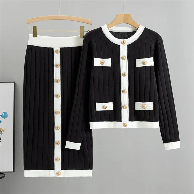 Women's knitted cardigan and skirt two-piece set in colour-block design, available in black, white, khaki, pink, viscose fibre fabric