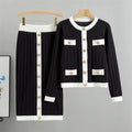 Women's knitted cardigan and skirt two-piece set in colour-block design, available in black, white, khaki, pink, viscose fibre fabric