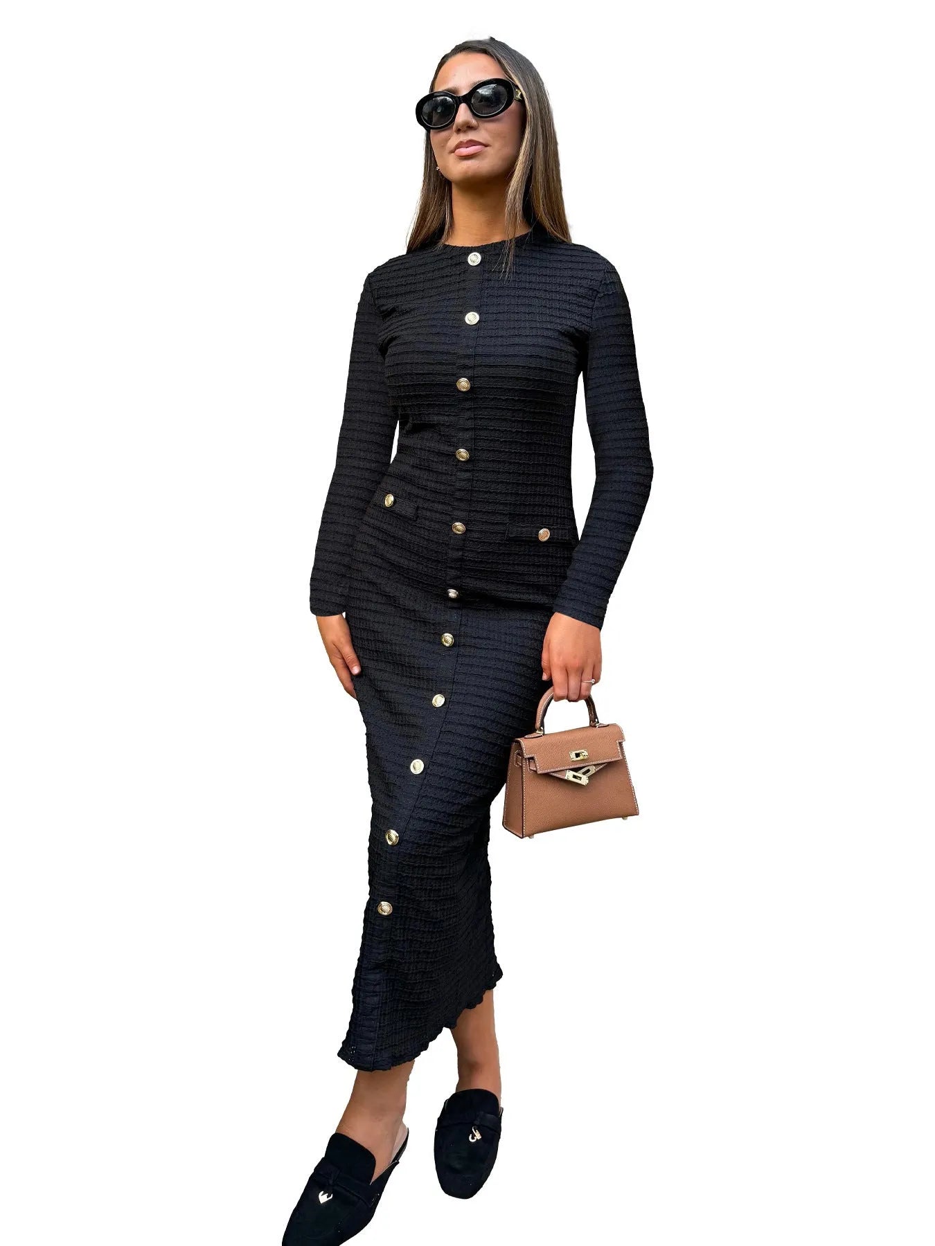 French retro slim fit long-sleeved knitted dress with button detail, shown in black and white colour options.