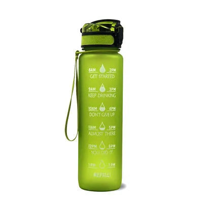 1000ml food-grade plastic sports water bottle, 29.5cm tall, in gradient blue-green colour.