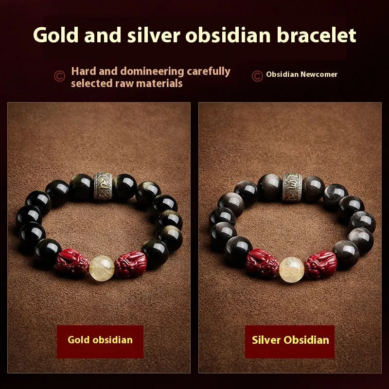 Cinnabar beads bracelet with hand-carved gold animal zodiac charms in cartoon retro style