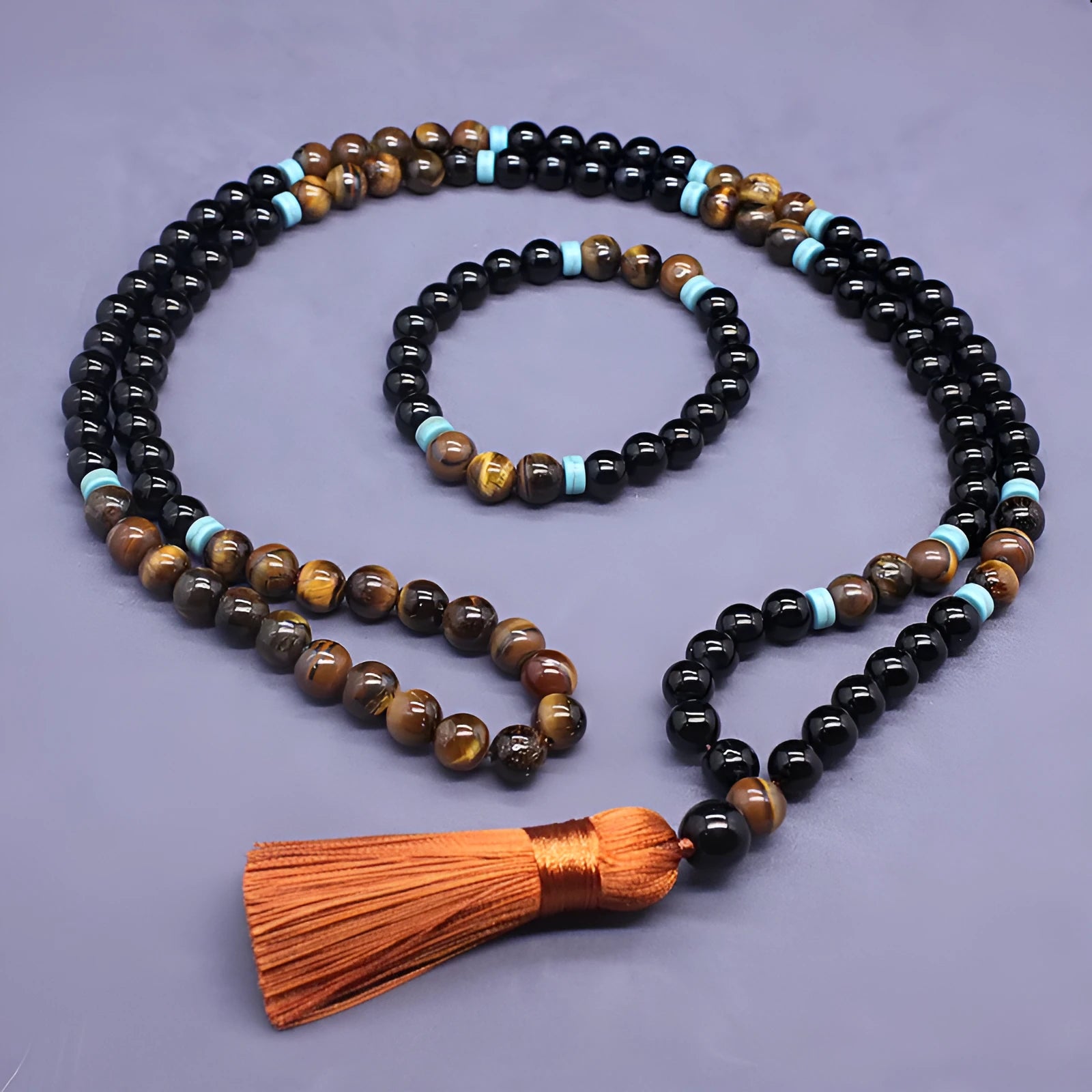 Black agate bracelet and tiger eye stone necklace geometric jewellery set