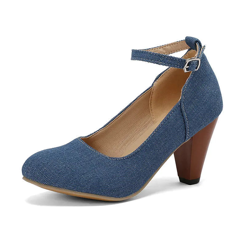 Blue denim women's high heel ankle boots with a buckle strap and thick waterproof platform sole.