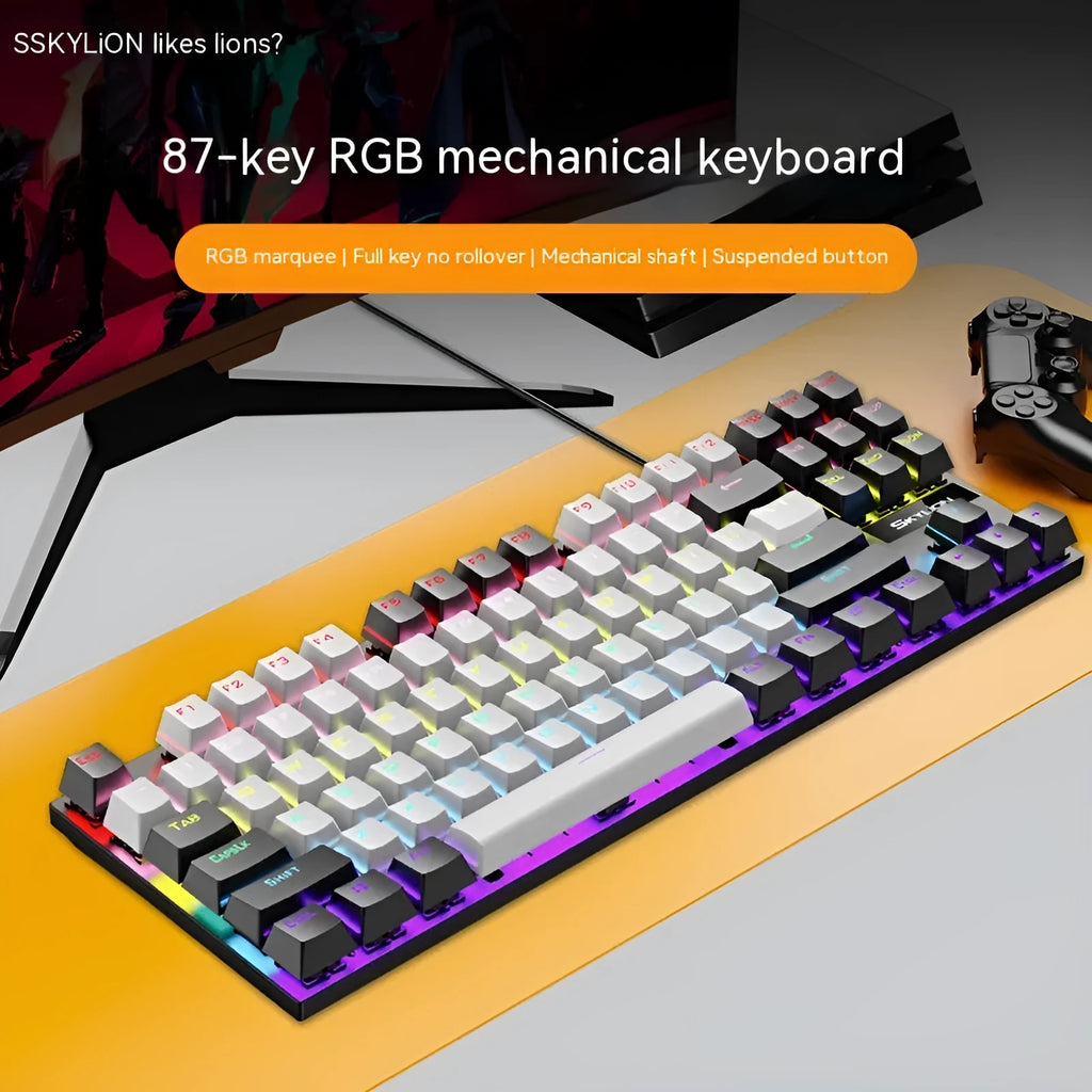 K87 wired mechanical gaming keyboard with metal base, shown in blue white colour with green mechanical switches.