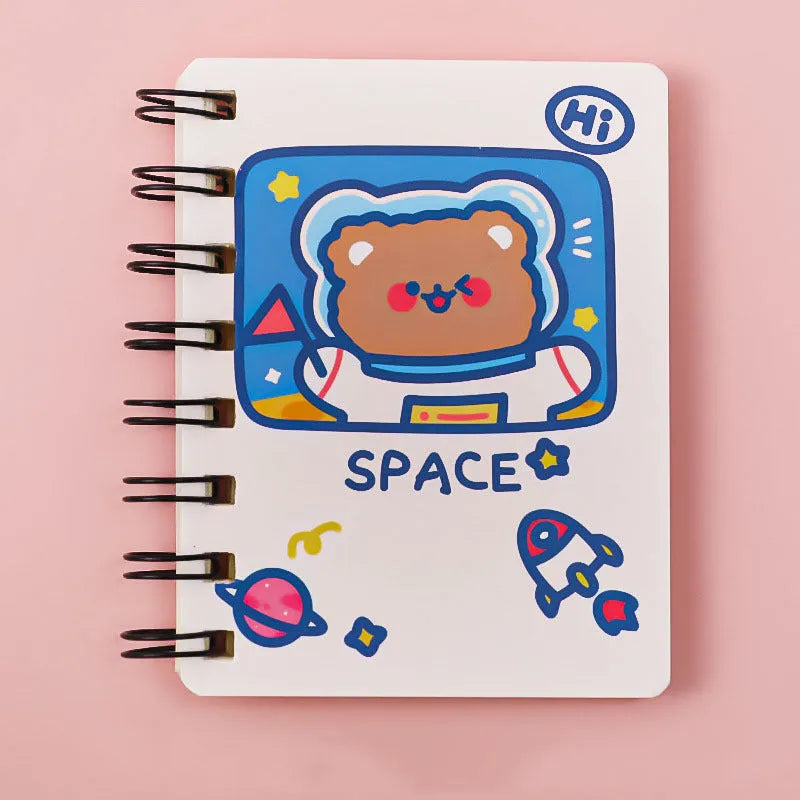Astronaut pocket flipper notebook showing 10.5x8cm size with space-themed cover designs