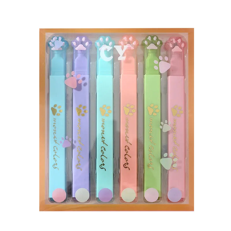Box of Cat's Paw fluorescent marking pens with oblique heads in six different colours.