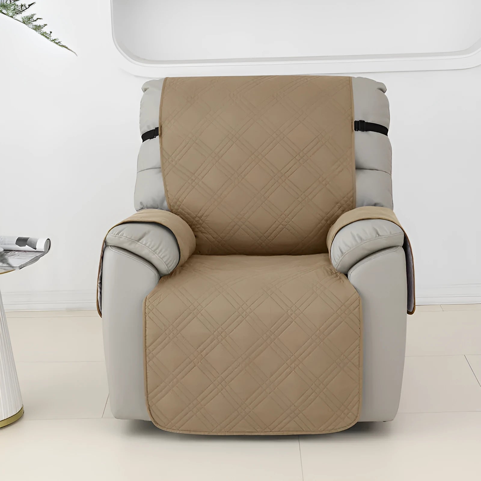 Quilted burgundy waterproof sofa cover fitted on a Chivas single-seat massage chair.