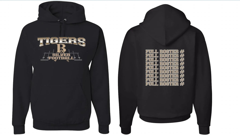 Black men's drop-shoulder pullover hoodie on a model, showing relaxed fit and collarless design.