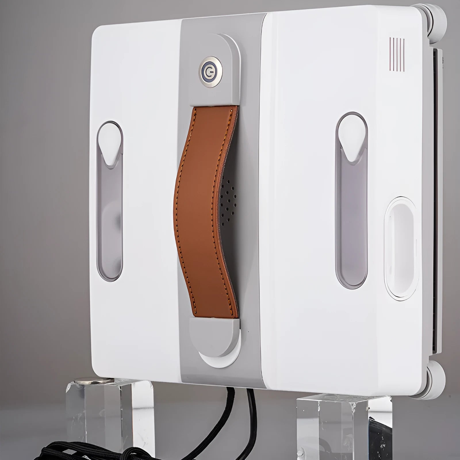 White intelligent window cleaning robot for high-rise buildings with voice and app control options.