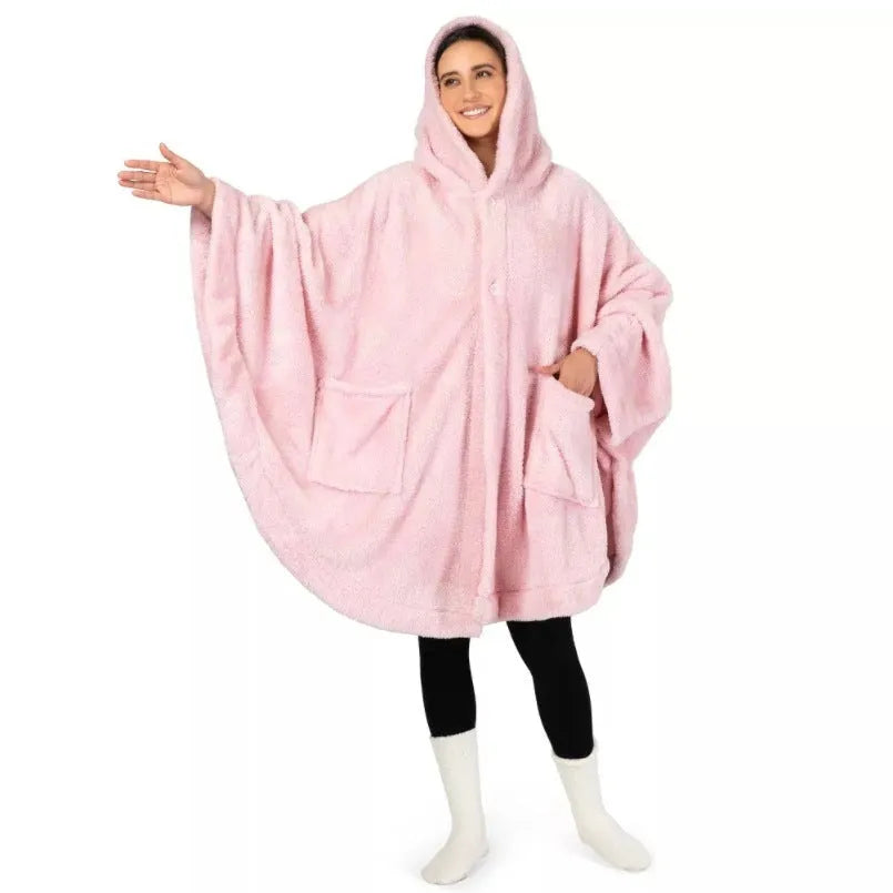 A hooded, long sleeve bathrobe in a cardigan style, shown in a solid colour.