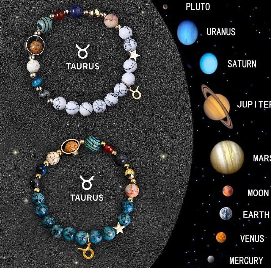 Two natural stone beaded bracelets with zodiac sign designs and adjustable string closures