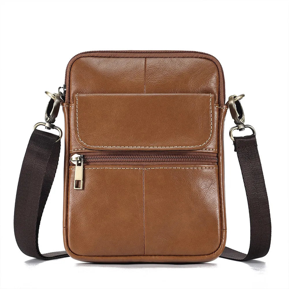 Men's brown genuine leather crossbody shoulder bag with decorative sewing lines