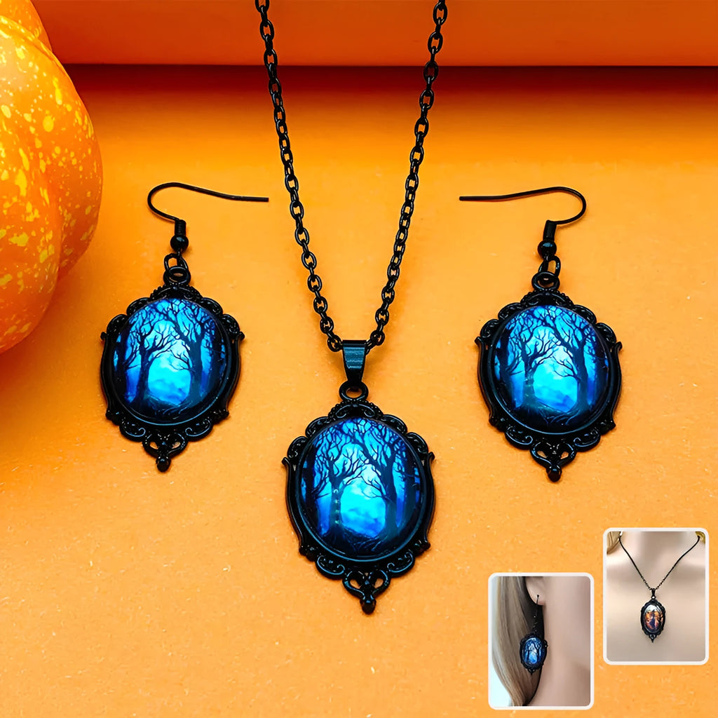3pcs vintage Halloween tree of life and witch necklace set with earrings, alloy pendant jewellery, two colour styles