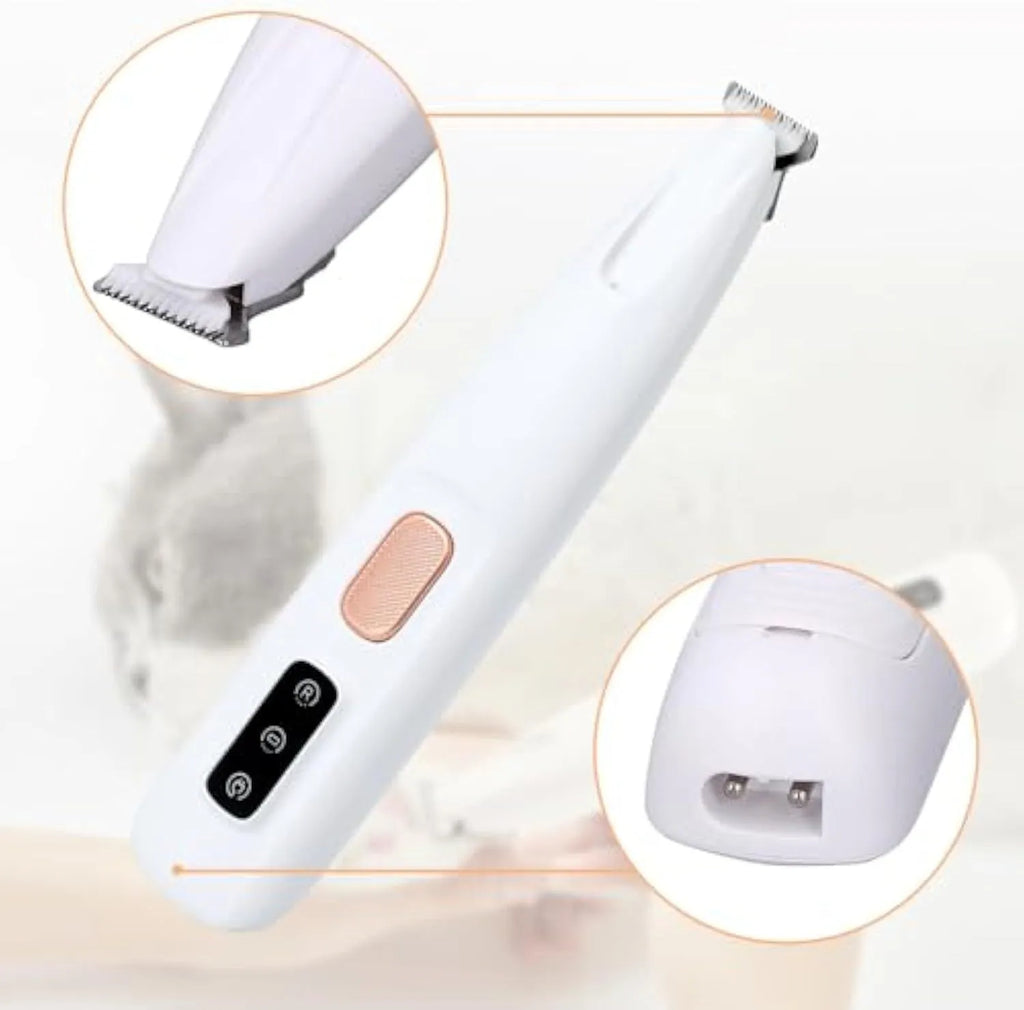 White rechargeable electric dog paw trimmer with LED light showing 17.7cm length