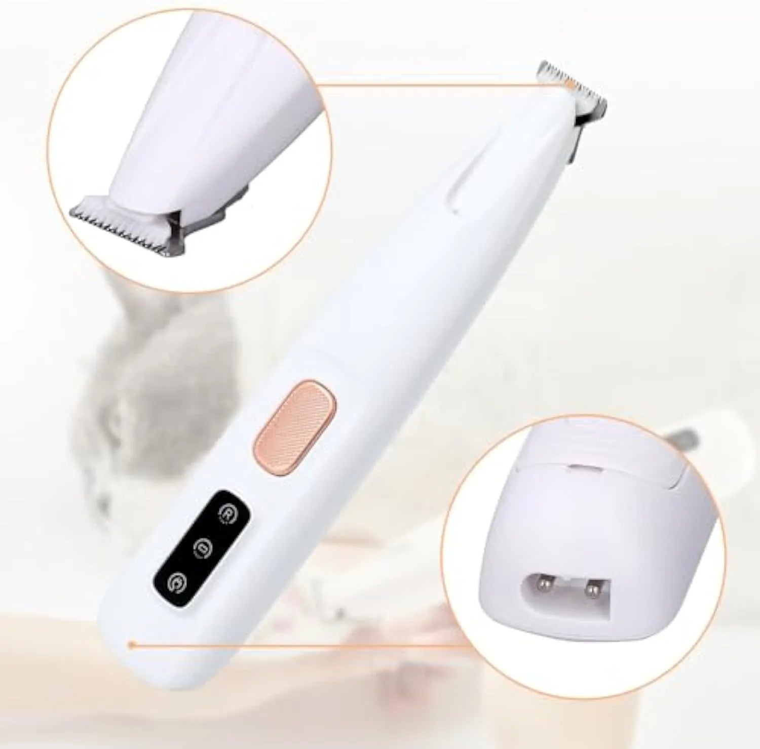 White rechargeable electric dog paw trimmer with LED light showing 17.7cm length