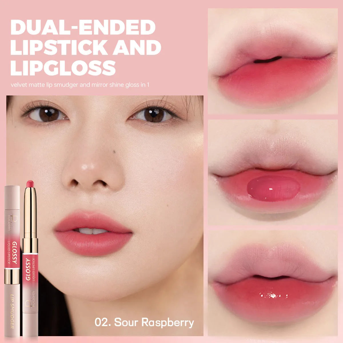 Double-headed lipstick lip gloss with matte finish showing 10 colour options