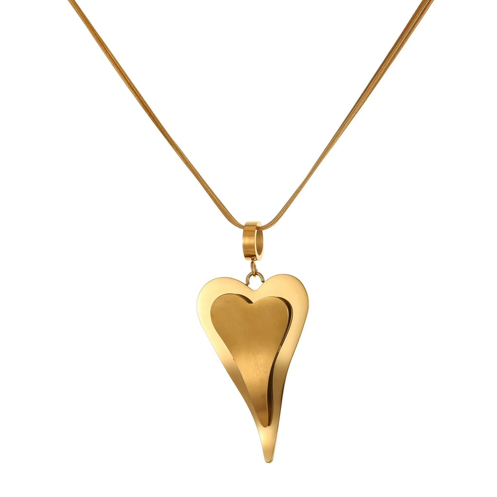 Double heart snake bones chain necklace in stainless steel with geometric pendant design