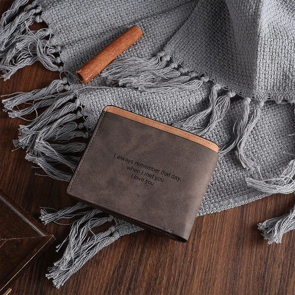 Coffee brown engraved horizontal short wallet with custom photo personalisation.