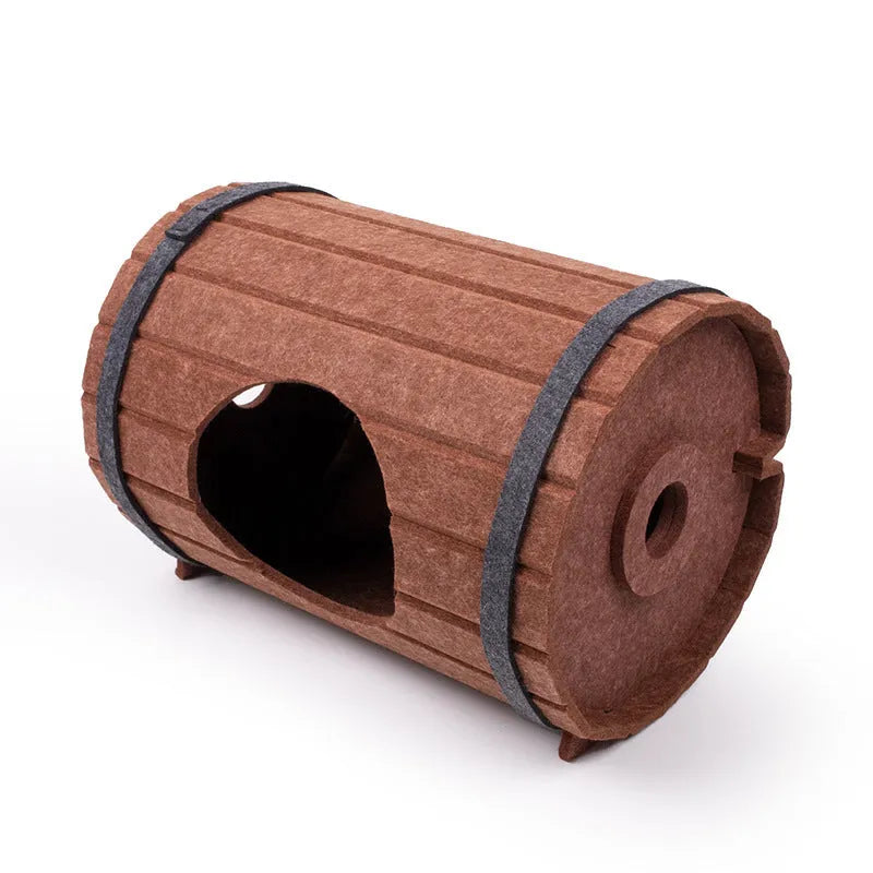 Assembled wine barrel shaped cat bed made from brown polyester fibre felt pieces