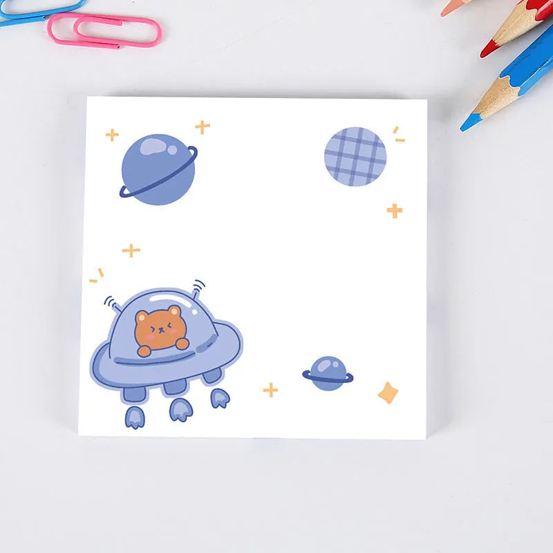 Cute cartoon bear sticky notes 8x8cm with 50 sheets, showing a Happy Bear design on a yellow background